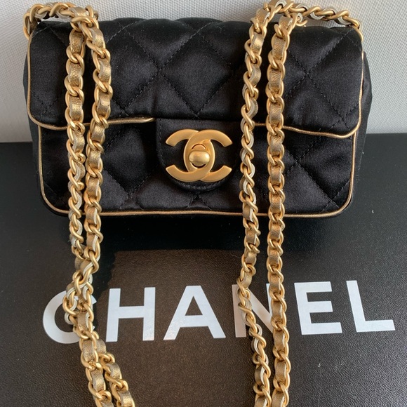 CHANEL Rare Mini Black Matte Gold Satin Leather Quilted Crossbody Vintage Bag🖤 - Picture 2 of 16